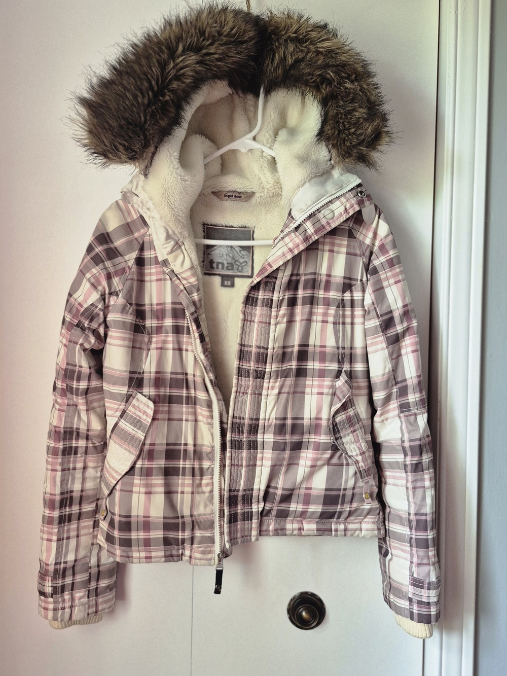 EUC TNA Women's Pink Plaid Faux-Fur Hooded Winter Jacket WOMEN XS